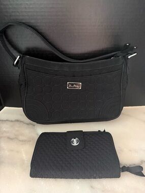 VERA BRADLEY Everyday Shoulder Bag Black Microfiber Handbag Purse & WALLET